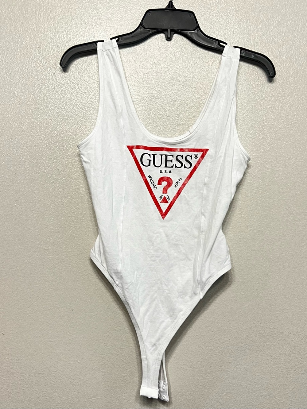GUESS White Tank Bodysuit with Red Logo Triangle